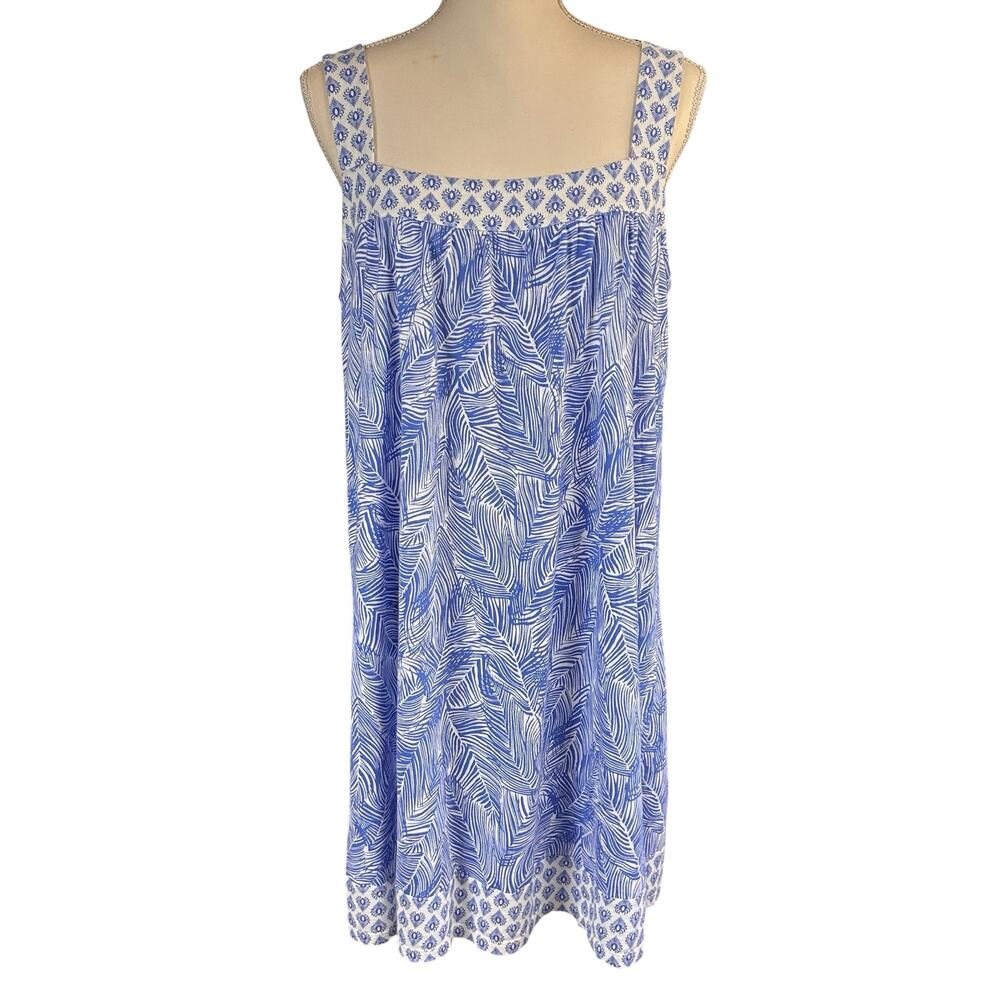 Talbots Knee Length Dress Size L Blue White Palm Leaf Square Neck Shift Sundress